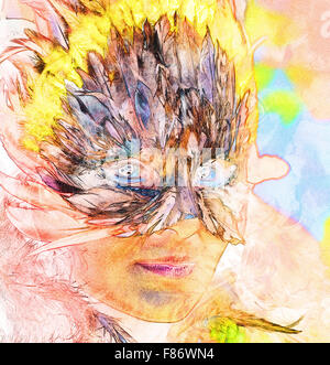 computer painting collage young indian woman wearing a feather headdress, a profile portrait on structured abstract background. Stock Photo