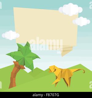 Origami monkey, palm tree, text balloon and clouds. Vector simple flat illustration. Summer cartoon Stock Vector