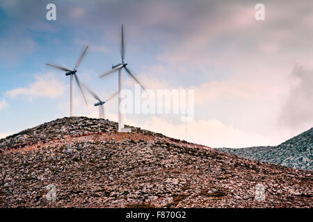 Wind farm on the highlands of Crete Island, Greece Stock Photo