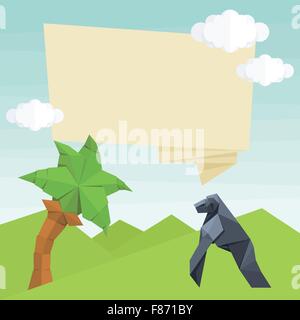 Origami monkey, palm tree, text balloon and clouds. Vector simple flat illustration. Summer cartoon Stock Vector
