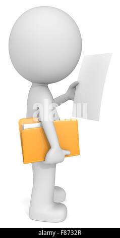 Dude 3D character holding manila folder and reading. Blank Paper for Copy Space. Side view. Stock Photo