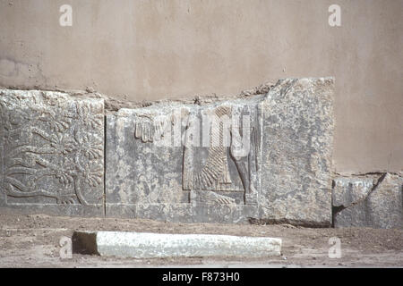 Carved stone reliefs, stele and cuneiform inscriptions at the Royal Palace of King Ashurnasirapal II at Nimrud, Nineveh Province Stock Photo