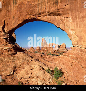 turret arch viewed through north window in arches national park near moab, utah Stock Photo