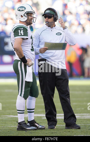 East Rutherford, New Jersey, USA. 6th Dec, 2015. New York Jets quarterback Ryan Fitzpatrick (14) looks on with quarterback coach Kevin Patullo during the NFL game between the New York Jets and the New York Giants at MetLife Stadium in East Rutherford, New Jersey. The New York Jets won 23-20. Christopher Szagola/CSM/Alamy Live News Stock Photo