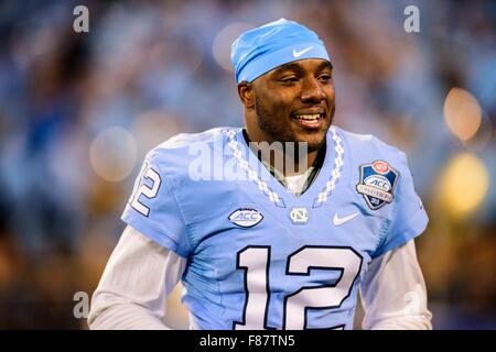 UNC quarterback Marquise Williams (12) before the ACC College Football Championship game between North Carolina and Clemson on Saturday Dec. 5, 2015 at Bank of America Stadium, in Charlotte, NC. Stock Photo