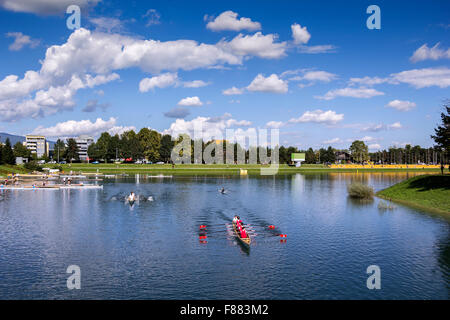 Young pepole training rowing on the lake Jarun in Zagreb, Croatia Stock Photo