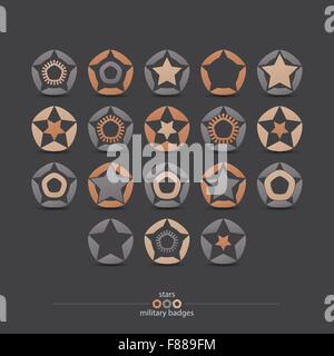 set of military badges with stars and pentagon frames isolated on gray background. vector logo, emblem design Stock Vector