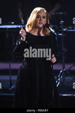 Huerth, Germany. 06th Dec, 2015. The singer Adele performs on stage during RTL's end-of-year review '2015! Menschen, Bilder, Emotionen' (lit. People, images, emotions) in Huerth, Germany, 06 December 2015. Photo: HENNING KAISER/dpa/Alamy Live News Stock Photo