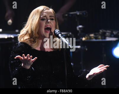 Huerth, Germany. 06th Dec, 2015. The singer Adele performs on stage during RTL's end-of-year review '2015! Menschen, Bilder, Emotionen' (lit. People, images, emotions) in Huerth, Germany, 06 December 2015. Photo: HENNING KAISER/dpa/Alamy Live News Stock Photo