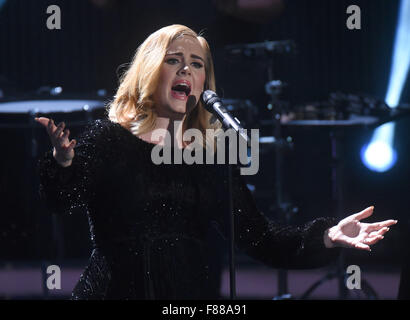 Huerth, Germany. 06th Dec, 2015. The singer Adele performs on stage during RTL's end-of-year review '2015! Menschen, Bilder, Emotionen' (lit. People, images, emotions) in Huerth, Germany, 06 December 2015. Photo: HENNING KAISER/dpa/Alamy Live News Stock Photo