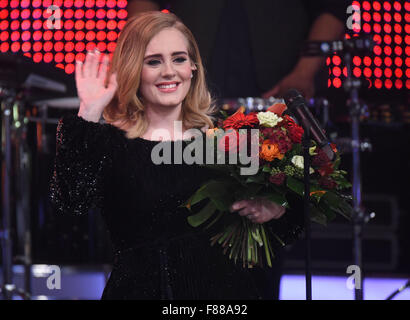 Huerth, Germany. 06th Dec, 2015. The singer Adele performs on stage during RTL's end-of-year review '2015! Menschen, Bilder, Emotionen' (lit. People, images, emotions) in Huerth, Germany, 06 December 2015. Photo: HENNING KAISER/dpa/Alamy Live News Stock Photo