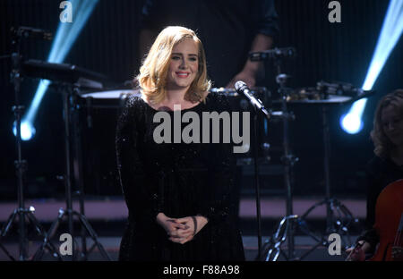 Huerth, Germany. 06th Dec, 2015. The singer Adele performs on stage during RTL's end-of-year review '2015! Menschen, Bilder, Emotionen' (lit. People, images, emotions) in Huerth, Germany, 06 December 2015. Photo: HENNING KAISER/dpa/Alamy Live News Stock Photo