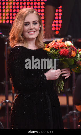 Huerth, Germany. 06th Dec, 2015. The singer Adele performs on stage during RTL's end-of-year review '2015! Menschen, Bilder, Emotionen' (lit. People, images, emotions) in Huerth, Germany, 06 December 2015. Photo: HENNING KAISER/dpa/Alamy Live News Stock Photo