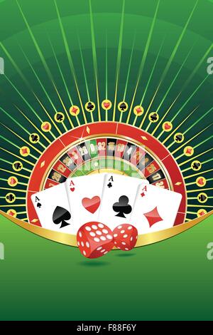 Abstract gambling background with roulette wheel, playing cards and dices. Stock Vector
