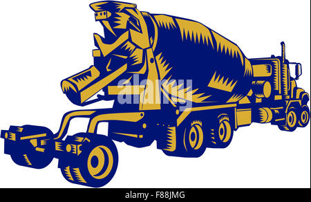 Illustration of a cement truck vehicle viewed from rear set on isolated white background done in retro woodcut style. Stock Photo