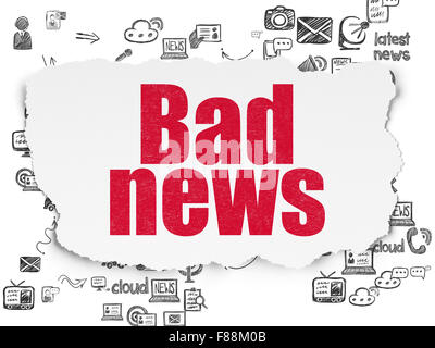 News concept: Painted red text Bad News on Torn Paper background with Scheme Of Hand Drawn News Icons Stock Photo