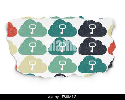 Cloud networking concept: Painted multicolor Cloud With Key icons on Torn Paper background Stock Photo