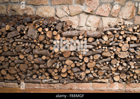 Big pile of logs front a stone wall. Stock Photo