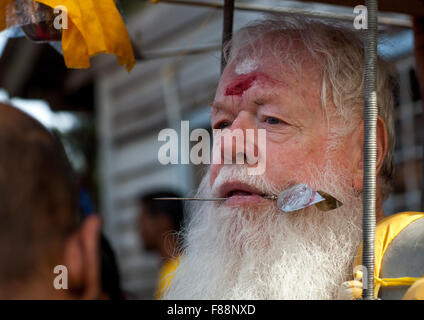 Carl, An Australian Hindu Devotee With A Skewer In The Tongue Carrying A Kavadi In Thaipusam Festival In Batu Caves, Southeast Asia, Kuala Lumpur, Malaysia Stock Photo