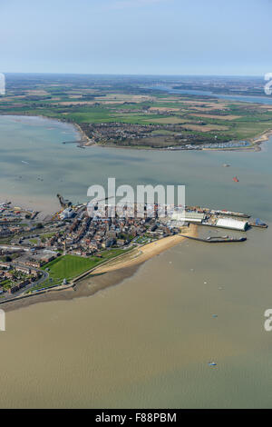 An aerial view looking from Harwich in the foreground, over the River Stour, towards the village of Shotley Gate, Essex. Stock Photo