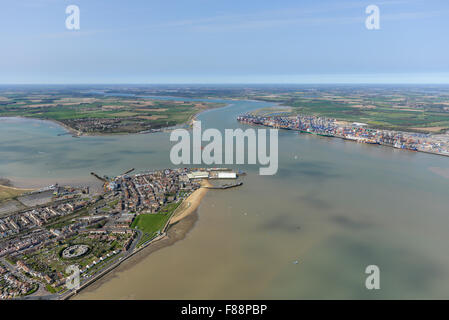 An aerial view from Harwich with Felixstowe and Shotley Gate visible in the distance. Stock Photo