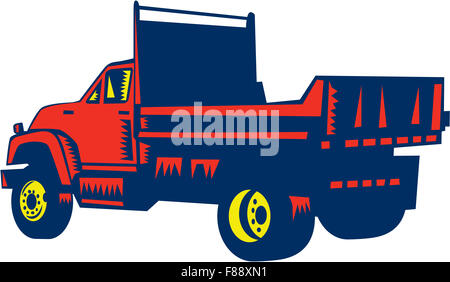 Illustration of a flatbed truck viewed from rear set on isolated white background done in retro woodcut style. Stock Photo