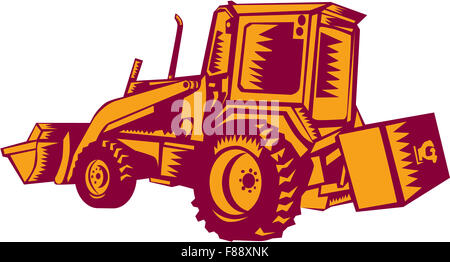 Illustration of a construction digger mechanical excavator viewed from side rear set on isolated white background done in retro Stock Photo