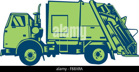 Illustration of a garbage truck rear end loader viewed from the side set on isolated white background done in retro woodcut style. Stock Photo