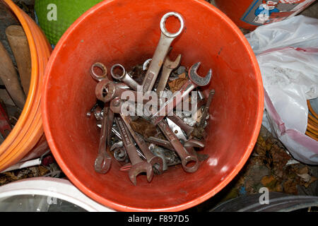 Contractors bucket of open and box end combination wrenches. Downers Grove Illinois IL USA Stock Photo