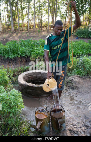 ZAMBIA, Chipata, small-scale farmer irrigates vegetable farm with water from well in village Lupande Stock Photo