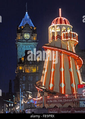 Edinburgh Christmas Lights, night Helter Skelter, Princes St,City Centre, Scotland, UK, EH1 Stock Photo