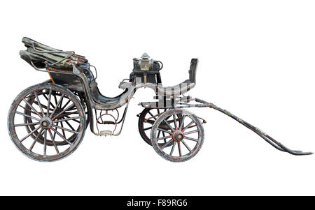 Old weathered horse drawn carriage isolated on white background Stock Photo