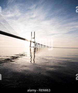 Vasco da Gama Bridge at dawn, Lisbon, Portugal Stock Photo