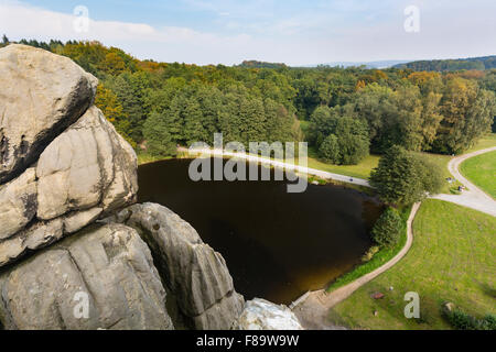 View from the famous sandstone rock formation Externsteine in autumn in Germany Stock Photo