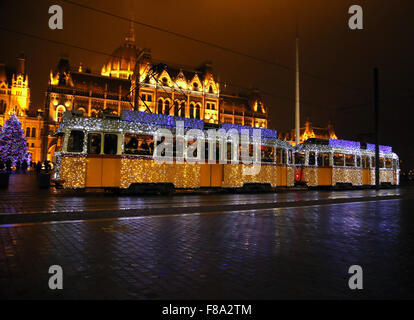 Festive christmas tram in Budapest city capital of Hungary Stock Photo