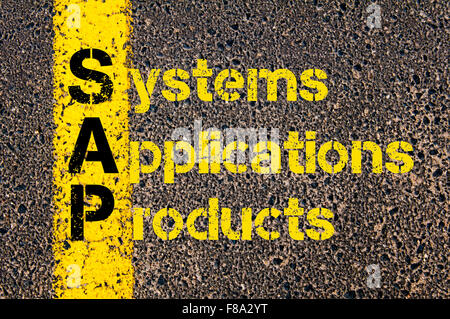 Concept image of Accounting Business Acronym SAP Systems, Applications, Products written over road marking yellow paint line. Stock Photo