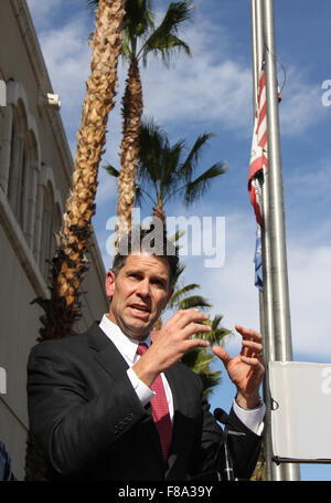 San Bernardino, USA. 7th Dec, 2015. David Bowdich, assistant director in charge of the FBI's Los Angeles Field Office, speaks during a press conference about the attack at the Inland Regional Center, in San Bernardino, California, the United States, Dec. 7, 2015. Investigators believed that the suspect couple who killed 14 people and injured 21 others in a deadly shooting in San Bernardino of Southern California had been radicalized 'for some time,' the FBI said on Monday. Credit:  Yang Lei/Xinhua/Alamy Live News Stock Photo