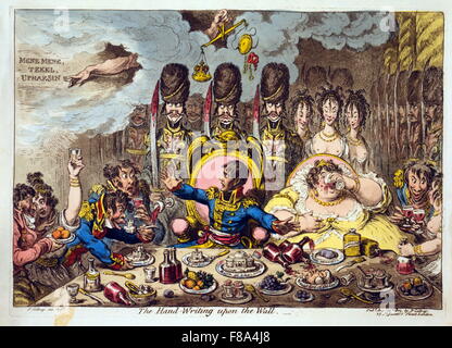 Etching, aquatint, hand-coloured engraving entitled 'The Hand-writing upon the wall' by James Gillray (1756-1815). Napoleon, Josephine, French soldiers and women seated at a feast with dishes 'Bank of England', 'St. James,' 'Tower of London,' and 'Roast Beef of old England.' Napoleon looks in horror at hand of Jehovah pointing to words in sky: 'Mene Mene, tekel upharsin.' Stock Photo