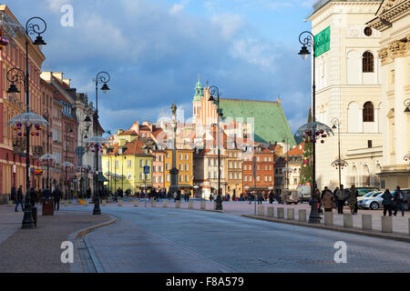 Street and Castle Square in winter in Warsaw's Old Town, Poland Stock Photo