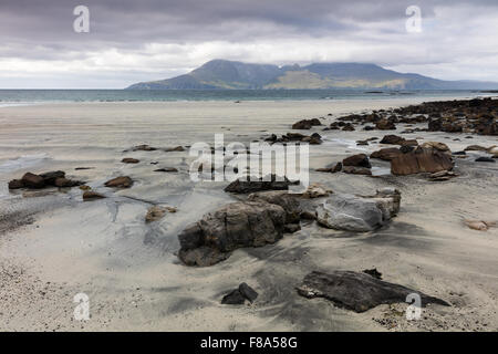 Overlooking Rum Cullin Mountains, Laig Bay, Eigg, Small Isles, Inner Hebrides, Scotland. Stock Photo