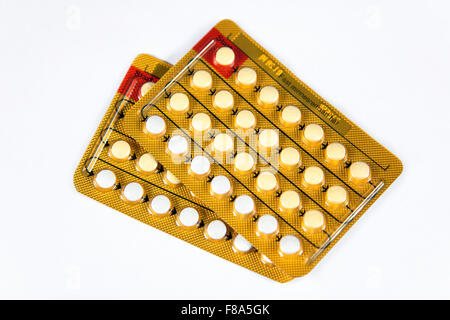 Studio shot of contraceptive pills in blister packs on white background Stock Photo