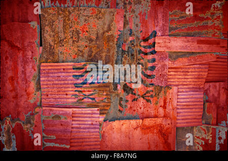 An abstract background image of the flag of Albania painted on to rusty corrugated iron sheets overlapping to form a wall Stock Photo