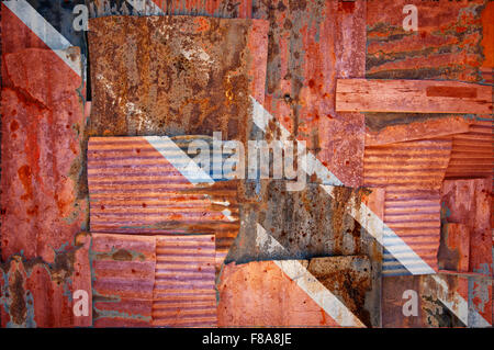 An abstract background image of the flag of Trinidad and Tobago painted on to rusty corrugated iron sheets overlapping Stock Photo