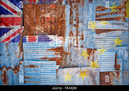 An abstract background image of the flag of Tuvalu painted on to rusty corrugated iron sheets overlapping to form a wall Stock Photo