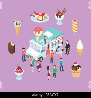 People at ice cream truck with various kinds of ice creams Stock Photo