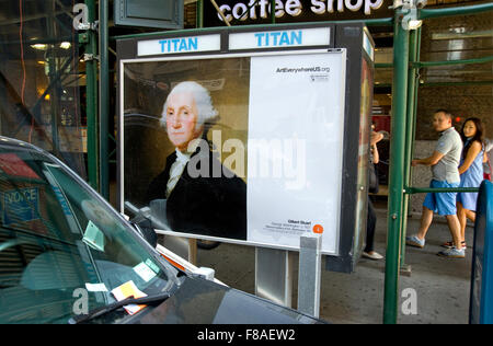 Gilbert Stuart portrait of George Washington is reproduced on advertising panel in New York City during the Art Everywhere event. Stock Photo