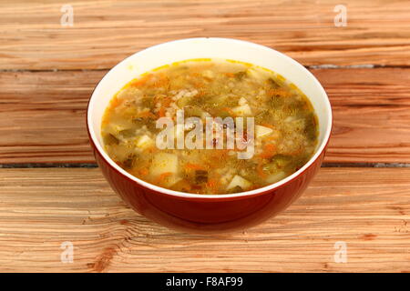 Soup from pickled cucumbers. Rassolnik. Zupa ogorkowa. Stock Photo