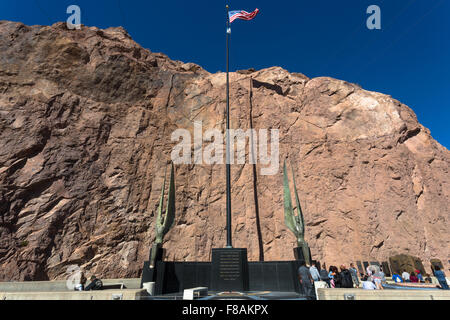 Hoover Dam miner memorial and winged Figures of the Republic against rocky background - Boulder City, NV Stock Photo