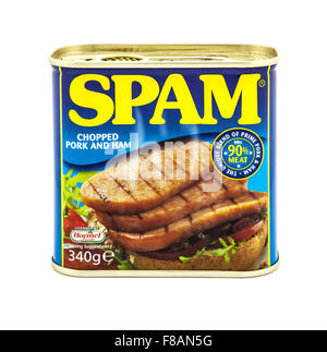 Tin of Spam Chopped Pork and Ham on a white background Stock Photo