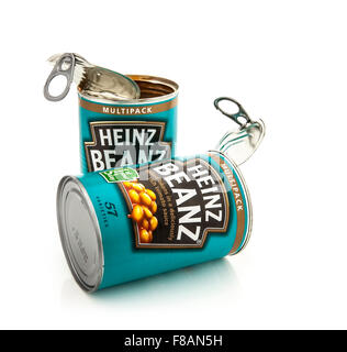 Two Cans of Heinz Beanz baked beans in tomato sauce isolated on white background.